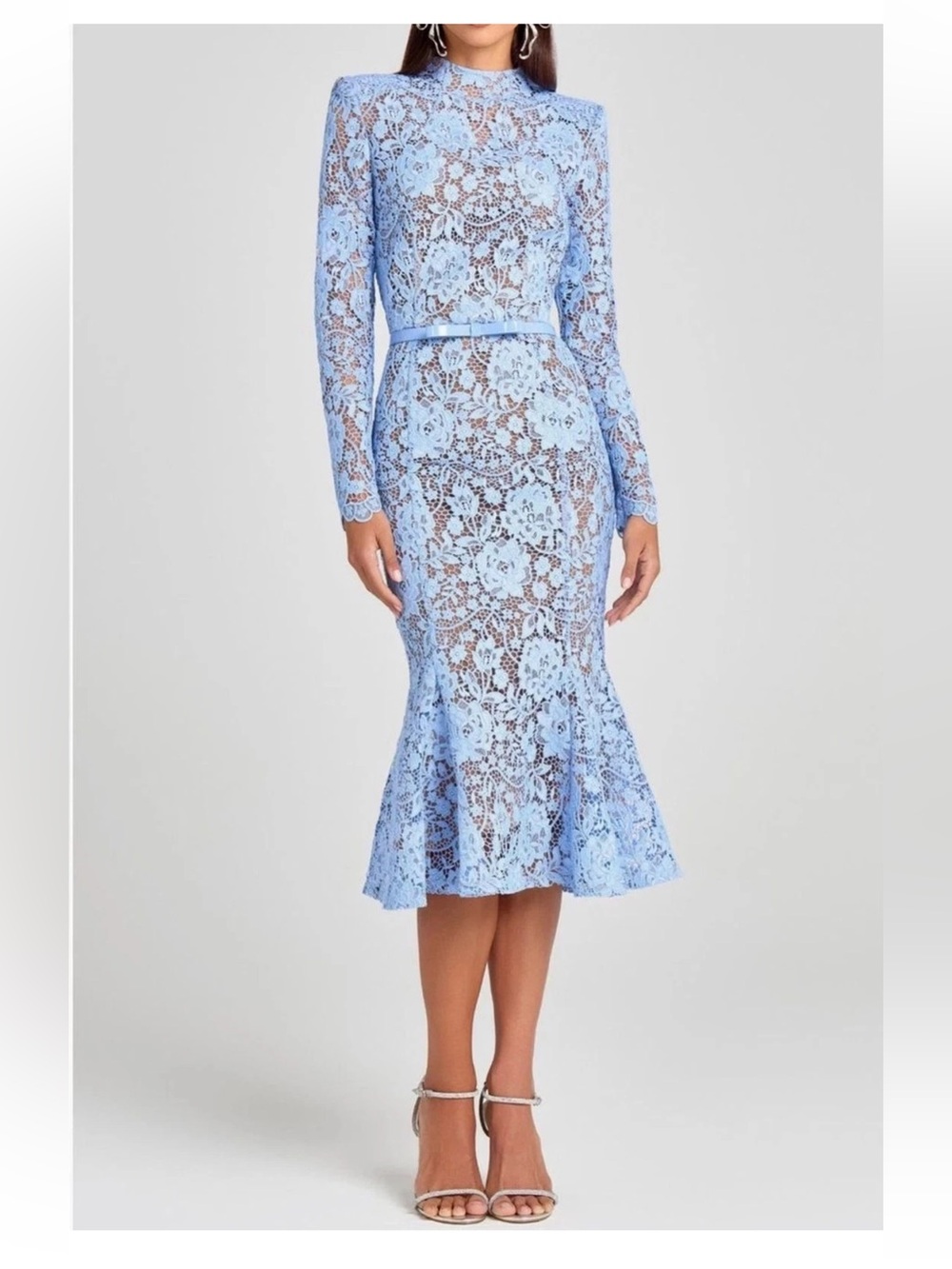 NWOT Nadine Merabi Juliette Long Sleeve Lace Cocktail Midi Dress Blue Size L/10